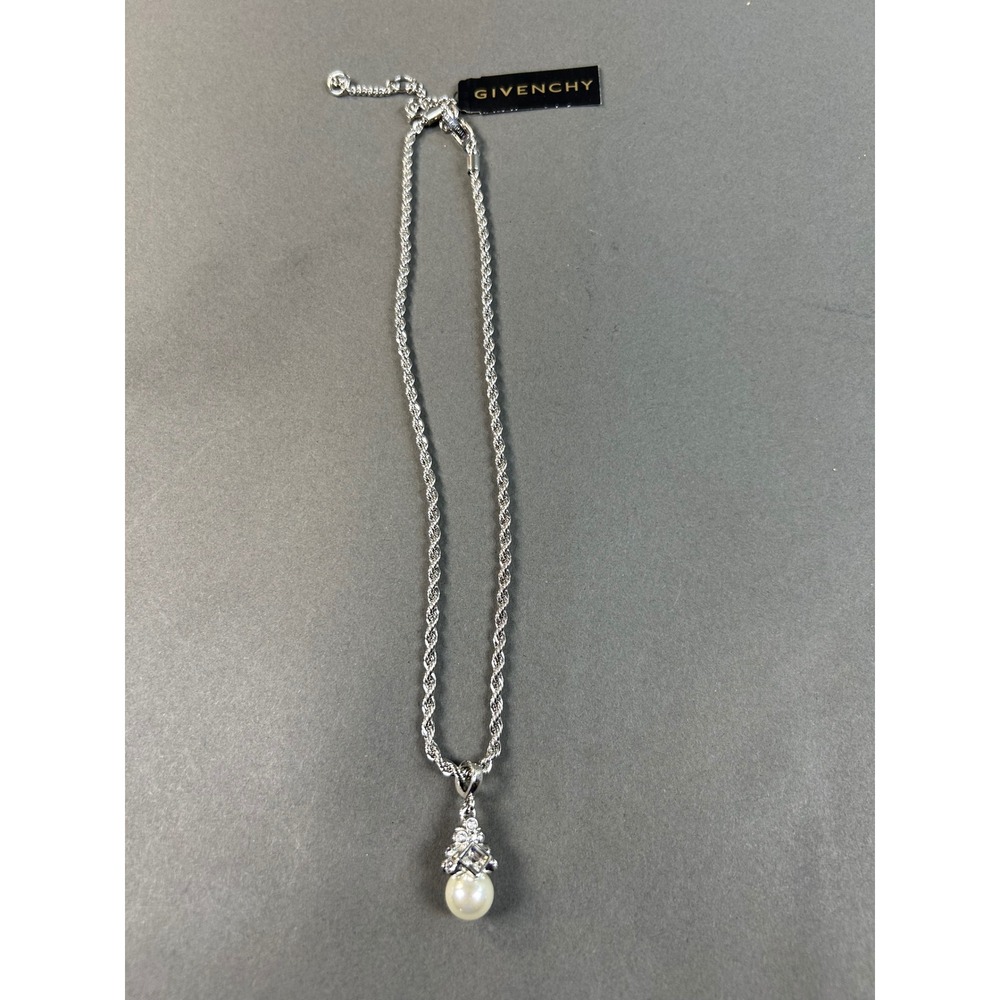 Givenchy Silver Tone‎ Rope Chain Faux Pearl Crystal Pendant Necklace NWT